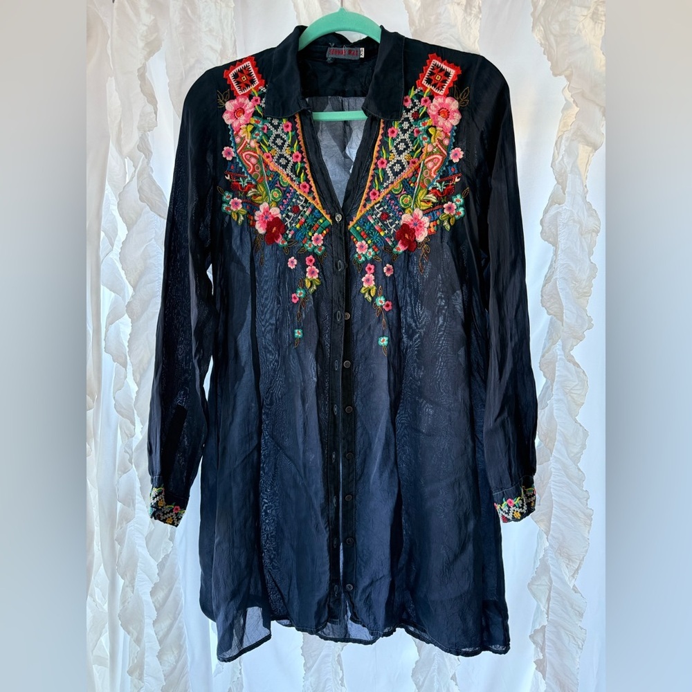 Johnny Was Navy Long Tunic Button Up Blouse with Multicolor Embroidery